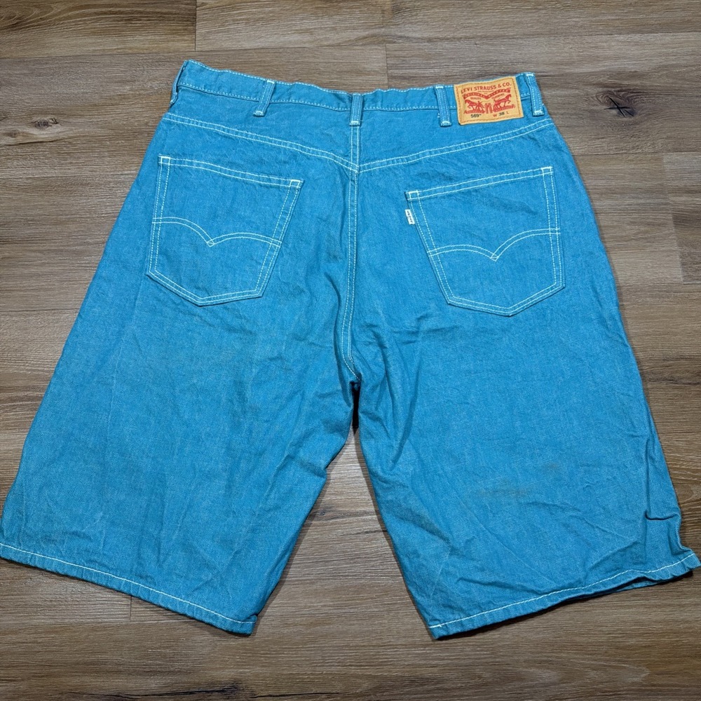 Levi's 569 Denim Jean Shorts Men's 38 Long Teal Jorts Y2K Loose Fit Straight 12" - Picture 10 of 13